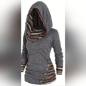 Ladies XL Grey Hooded Pullover Top. Very Stylish! Beautiful Accent Colors!